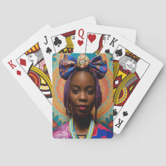 African lady with big bow and medallion playing cards