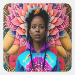African lady with floral tracksuit square sticker