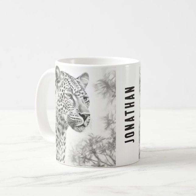 African Leopard Pencil Drawing Coffee Mug (Front Left)