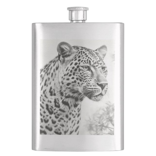 African Leopard Pencil Drawing Hip Flask (Front)