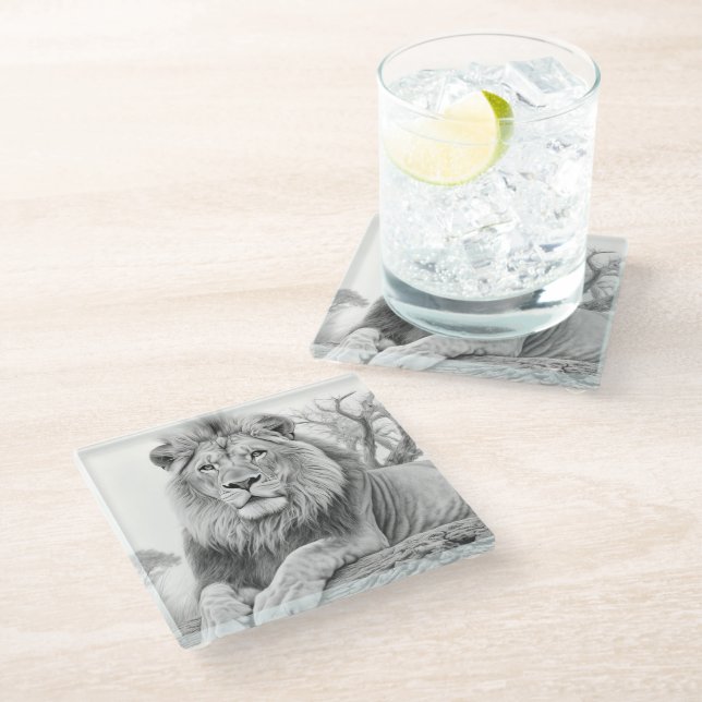 African Lion Pencil Drawing   Glass Coaster (Angled)