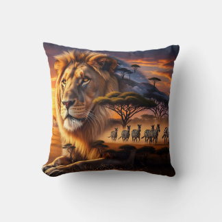 African Lion & Zebra Sunset Giraffe Pillow