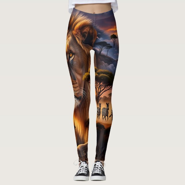African Lion & Zebra Sunset Leggings (Front)