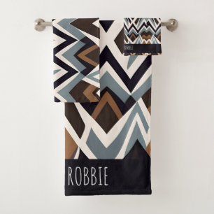 African Marocco Triangle Geometric Brown Pattern Bath Towel Set