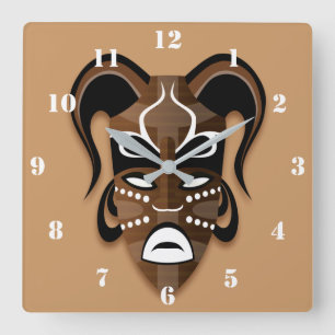 AFRICAN MASK ILLUSTRATION WITH WHITE NUMERALS SQUARE WALL CLOCK