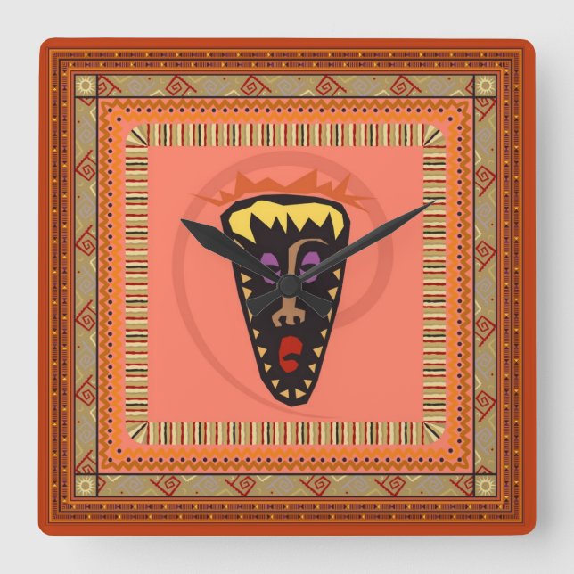 African mask square wall clock (Front)