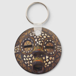 African mask with cowrie shells key ring