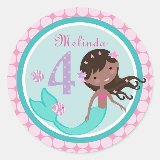 African Mermaid Age Four Birthday Sticker (Front)