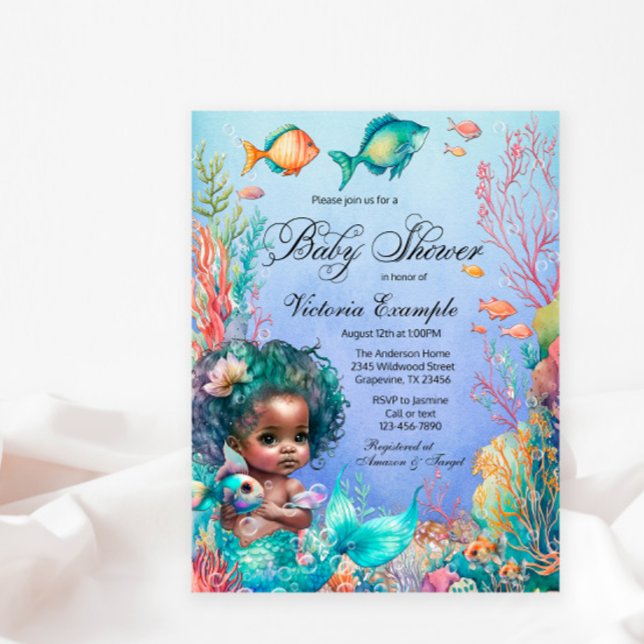 African Mermaid Baby Shower Invitation Postcard (Cute mermaid postcard baby shower invitation. )