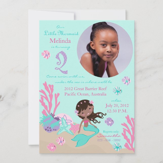 African Mermaid Second Birthday Invitation (Front)