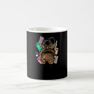 African Messy Bun Straight Hair Glasses Leopard ER Coffee Mug