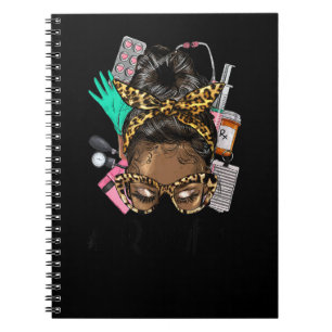African Messy Bun Straight Hair Glasses Leopard ER Notebook