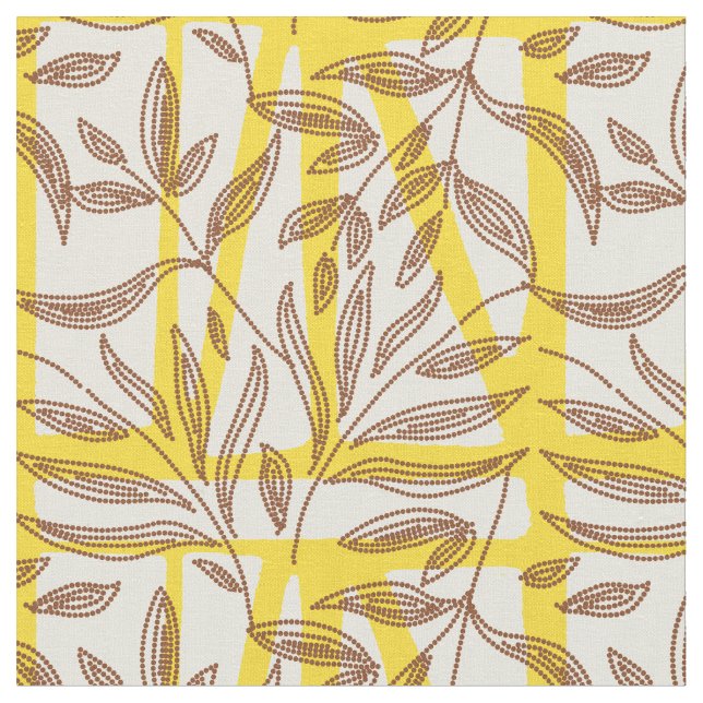 African mudcloth contrast botanical yellow brown  fabric (Close Up)