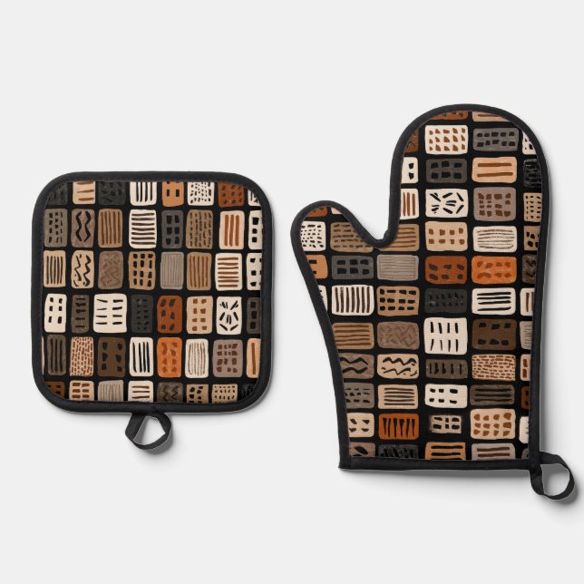 African mudcloth textile designs in a grid oven mitt & pot holder set (Front)