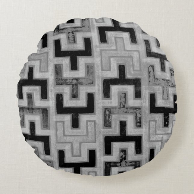 African Mudcloth Textile with Geometric Patterns Round Cushion (Front)
