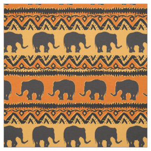 African Orange Black Elephant Pattern Fabric