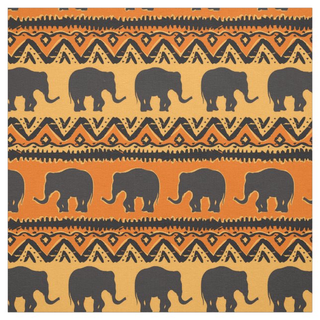 African Orange Black Elephant Pattern Fabric (Swatch)