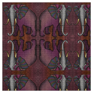 African Patchwork Elephant (Plum, Orange, Grey) Fabric