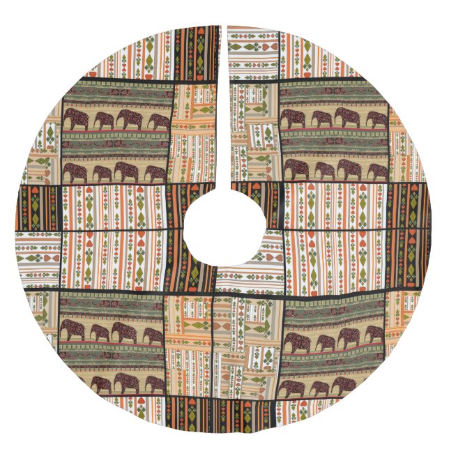 African Patchwork Elephants: Ornamental Texture Brushed Polyester Tree Skirt (Front)