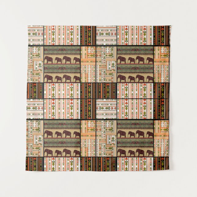 African Patchwork Elephants: Ornamental Texture Tapestry (Front)