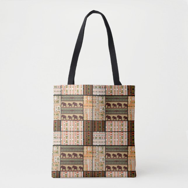 African Patchwork Elephants: Ornamental Texture Tote Bag (Front)