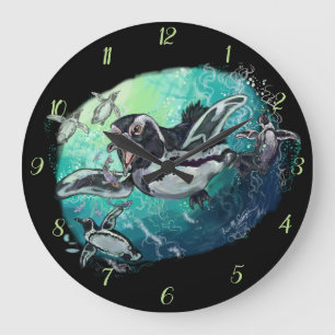 African Penguin Fishy Feast Large Clock