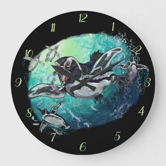 African Penguin Fishy Feast Large Clock (Front)