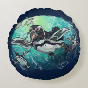 African Penguin Fishy Feast Round Cushion