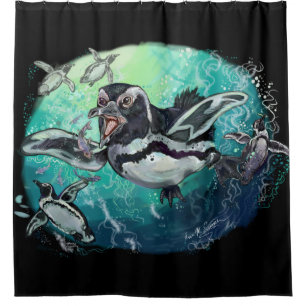 African Penguin Fishy Feast Shower Curtain