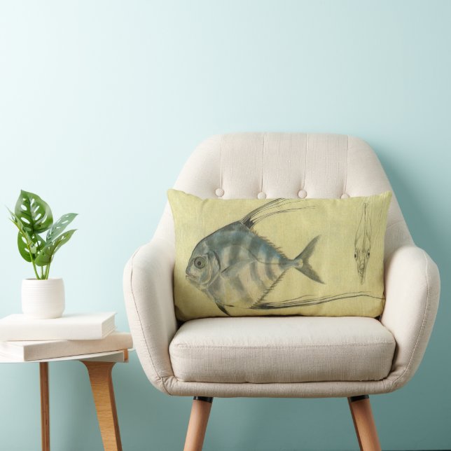 African Pompano Fish, Vintage Threadfin Trevally Lumbar Cushion (Chair)