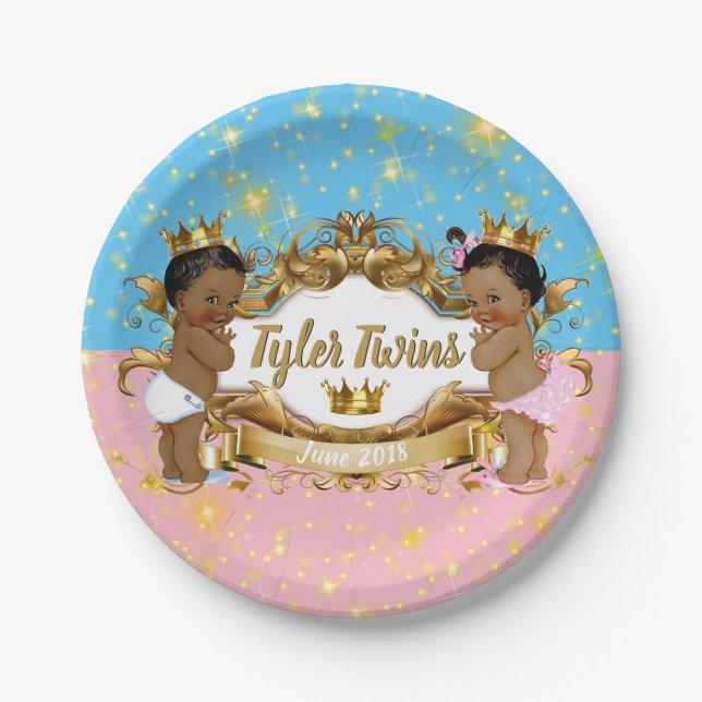 African Prince/Princess Pink/Blue & Gold Sparkles Paper Plate (Front)