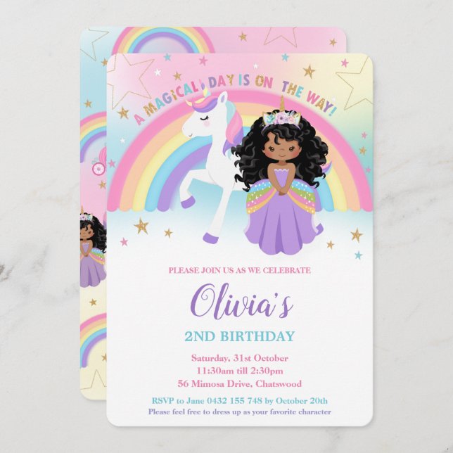African Princess Unicorn Birthday Party Rainbow    Invitation (Front/Back)
