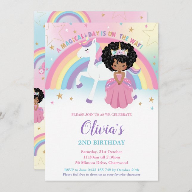 African Princess Unicorn Birthday Party Rainbow Invitation (Front/Back)
