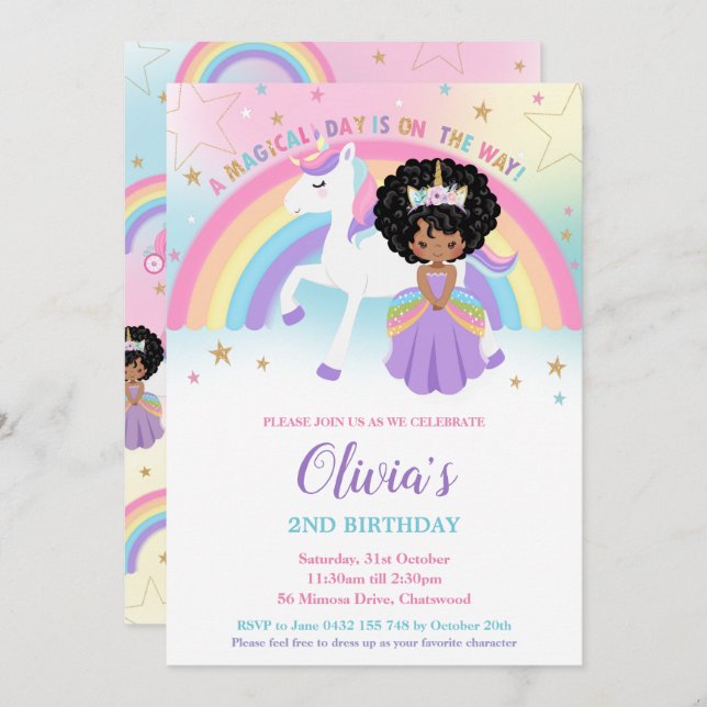 African Princess Unicorn Birthday Party Rainbow    Invitation (Front/Back)