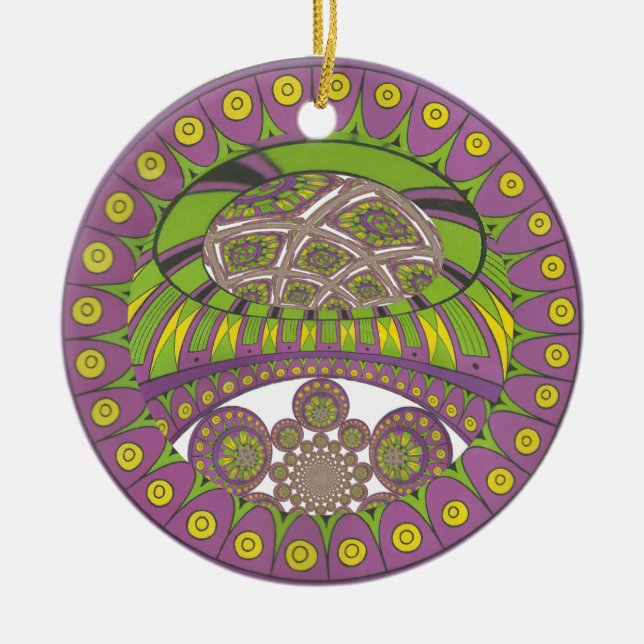African Purple and Yellow Kaleidoscope Traditional Ceramic Tree Decoration (Front)