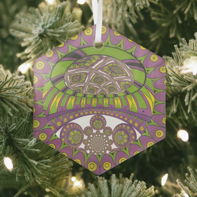 African Purple and Yellow Kaleidoscope Traditional Glass Tree Decoration (Insitu)