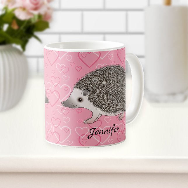 African Pygmy Hedgehog On Pink Heart Pattern Coffee Mug (Creator Uploaded)