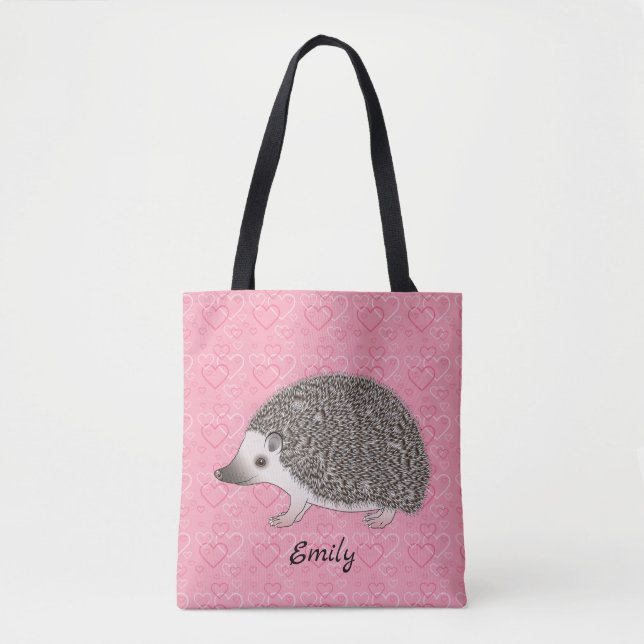 African Pygmy Hedgehog On Pink Heart Pattern Tote Bag (Front)