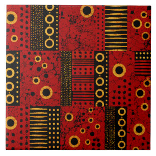 African Red Sunburst Tribal Patchwork Decorative Ceramic Tile