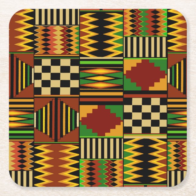African Royal Kente Cloth Design Square Paper Coaster (Front)