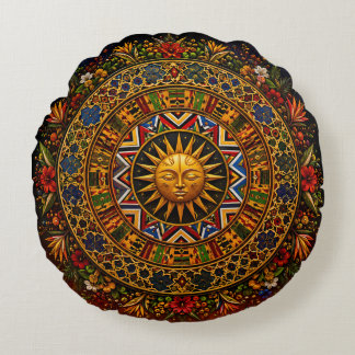 African Sacred Geometry Mandala — Kente Ndebele Round Cushion