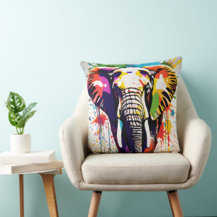 African Safari Elephant Art Rainbow Painting Cushion