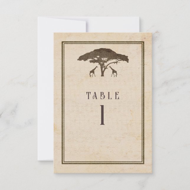 African Safari Giraffes Tree Wedding Table Number  (Front)