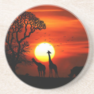 African Safari Sunset Animal Silhouettes Coaster