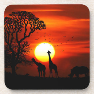 African Safari Sunset Animal Silhouettes Coaster