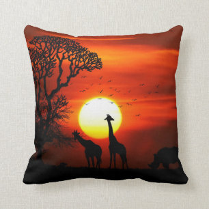 African Safari Sunset Animal Silhouettes Cushion