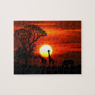 African Safari Sunset Animal Silhouettes Jigsaw Puzzle