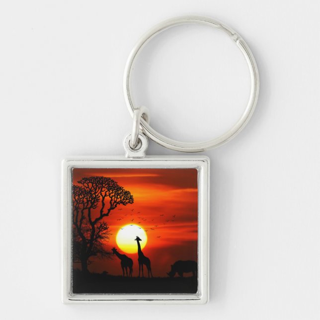 African Safari Sunset Animal Silhouettes Key Ring (Front)