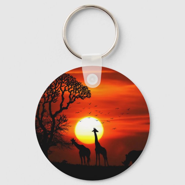 African Safari Sunset Animal Silhouettes Key Ring (Front)
