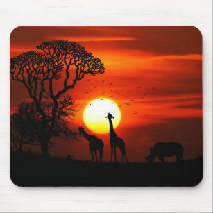 African Safari Sunset Animal Silhouettes Mouse Pad